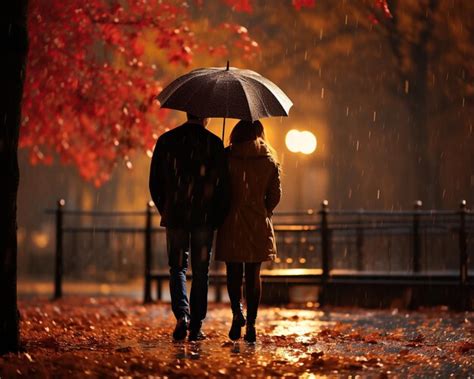 Premium AI Image | Couple walks in autumn park in rain under an umbrella