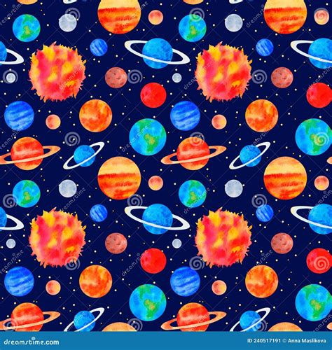 Seamless Pattern Of Planets Solar System On Blue Background With Stars