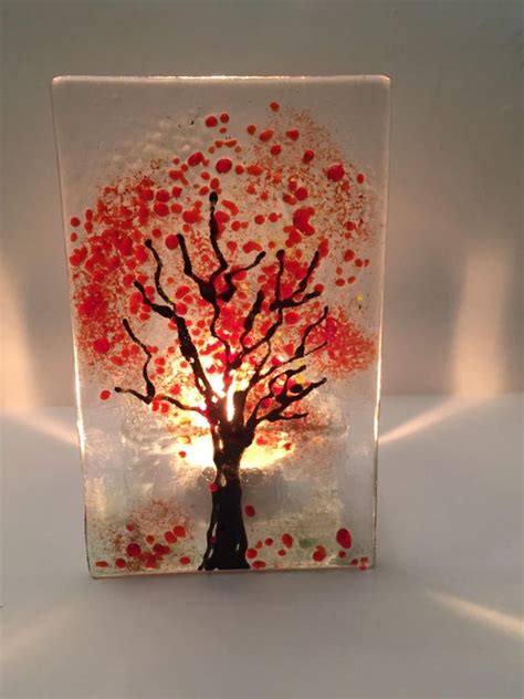 Fused Glass Tea Light Holder Autumn Candle Shield Woodland Etsy Uk