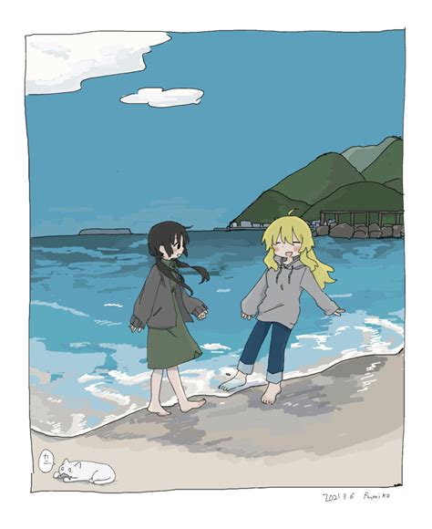 Safebooru 156m 2girls Barefoot Beach Black Eyes Black Hair Blonde