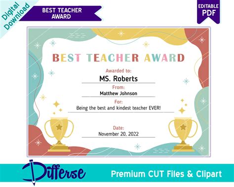 Best Teacher Award Award Certificate Editable Certificate Custom