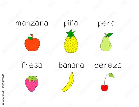 fruits in spanish,. illustration isolated on white background Stock ...