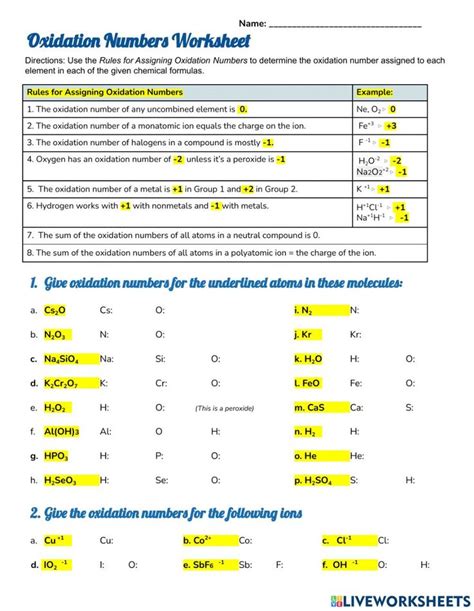 Oxidation Numbers Worksheet Interactive Worksheet Oxidation Number