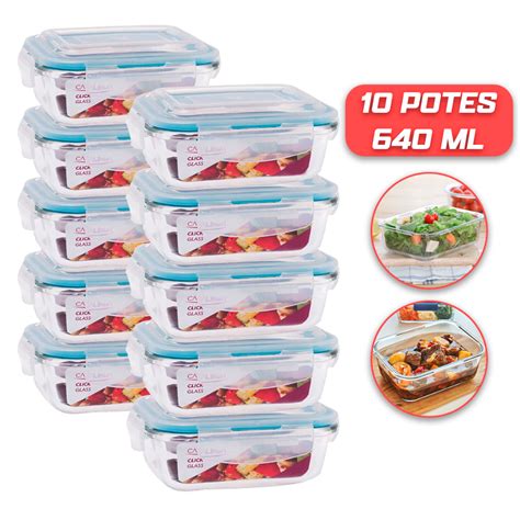 Kit 10 Potes de Vidro 640ml Hermético Marmita Fit Tampa 4 Travas