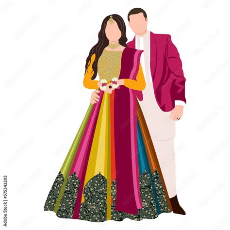 Vector Vector Cute Indian Couple Cartoon In Traditional Dress Posing