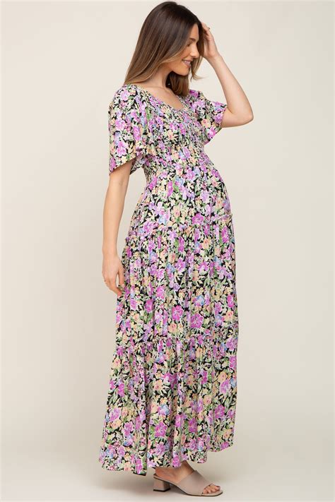 Black Floral Smocked Ruffle Tier Maternity Maxi Dress Pinkblush