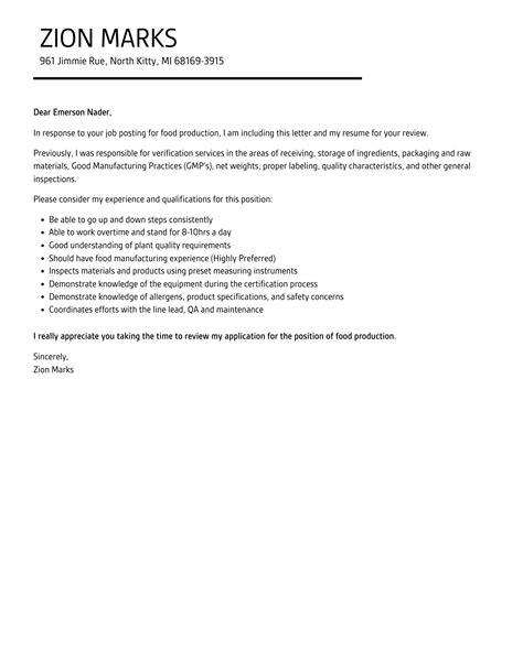 Food Production Cover Letter Velvet Jobs