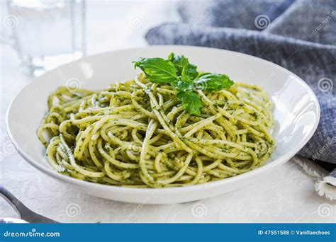 Spaghetti In Pesto Sauce Stock Photo Image Of Sauce