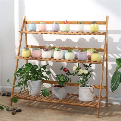 Unho 3 Tier Bamboo Plant Stand Outdoor Indoor Flower Stand Folding