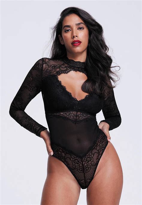 Womens Black Lace Long Sleeve Bodysuit Peacocks