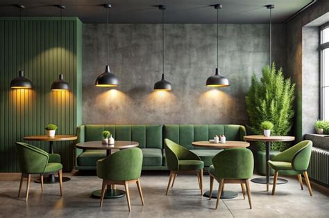 Interior Of Stylish Restaurant With Dark Gray And Green Walls Concrete Floor Round Tables