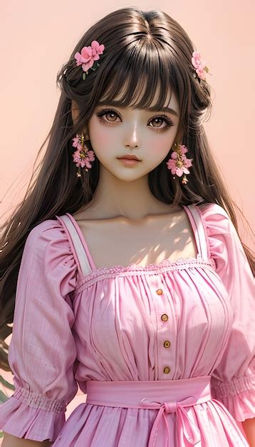 Premium AI Image | beautiful doll girl brown eyes summer pink ...