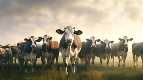 Premium Photo A Herd Of Dairy Cows Standing In A Field Generative Ai