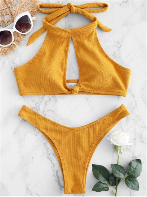 Off Ribbed High Neck Knot Bikini In Bee Yellow Zaful