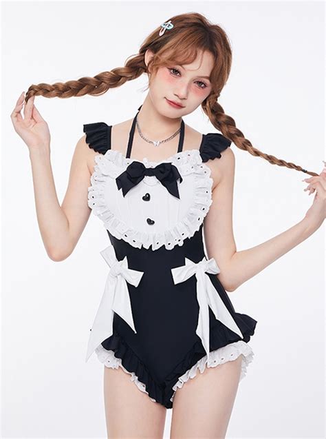 Cute Japanese Black White Maid Outfit Bowknot Decoration Lace Up