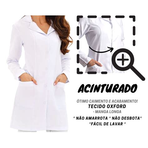 Jaleco Feminino Manga Longa Acinturado Oxford Preto Branco Rosa Blusa