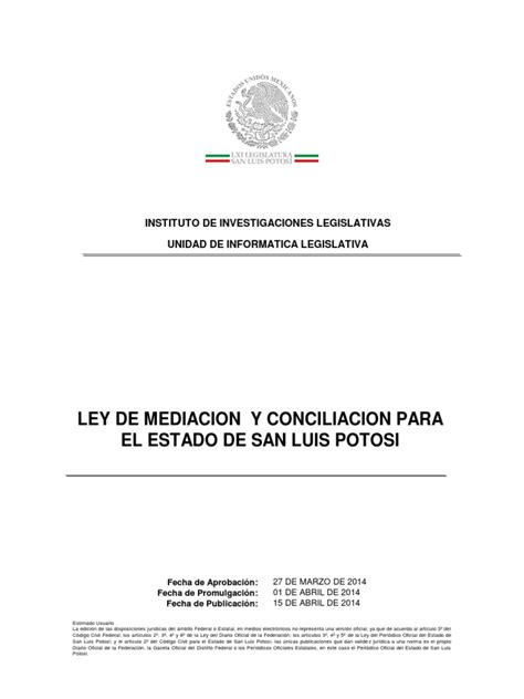 Ley De Mediacion Y Conciliacion Para El Estado De San Luis Potosi Pdf Mediación Estado