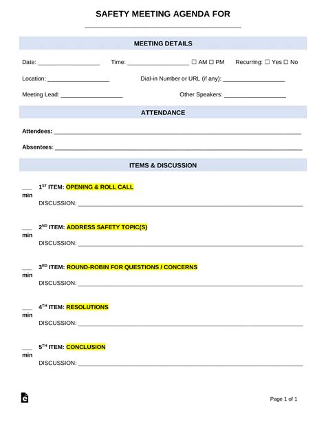 Printable Safety Meeting Topics