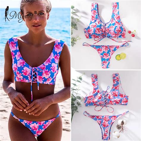 Miyouj Floral Bikini Bandage Hollow Out Swimsuit Women Push Up Swimwear