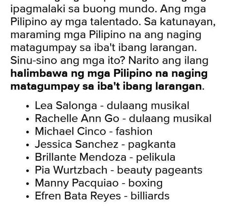 Mga Pilipinong Naging Natagumpay Sa Iba T Ibang Larangan Mga