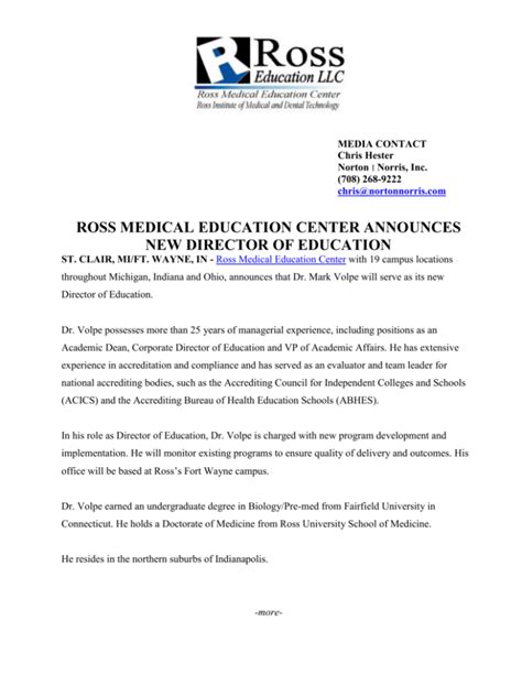 Ross Medical Education Center Announces New Director Of Education