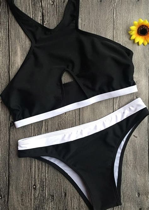 Color Block Hollow Out Bikini Set Fairyseason