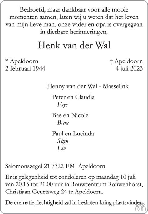 Henk Van Der Wal 04 07 2023 Overlijdensbericht En Condoleances