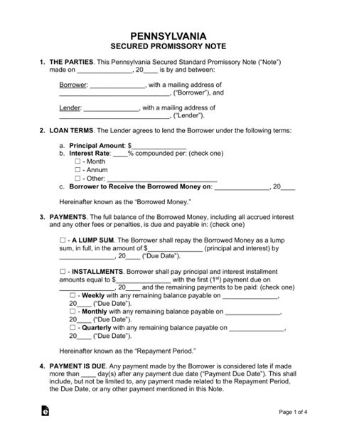 Free Pennsylvania Secured Promissory Note Template PDF Word EForms