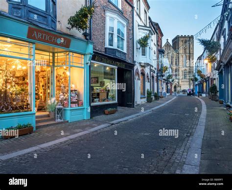 Christmas Lights Across Kirkgate In Ripon With Ripon Cathedral Beyond