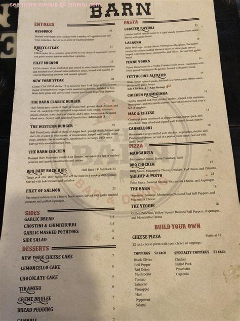 Menu At The Barn Bar And Dining Ramona