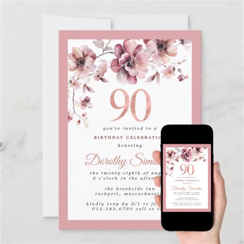 Burgundy Dusty Blush Pink Floral 90th Birthday Invitation Zazzle