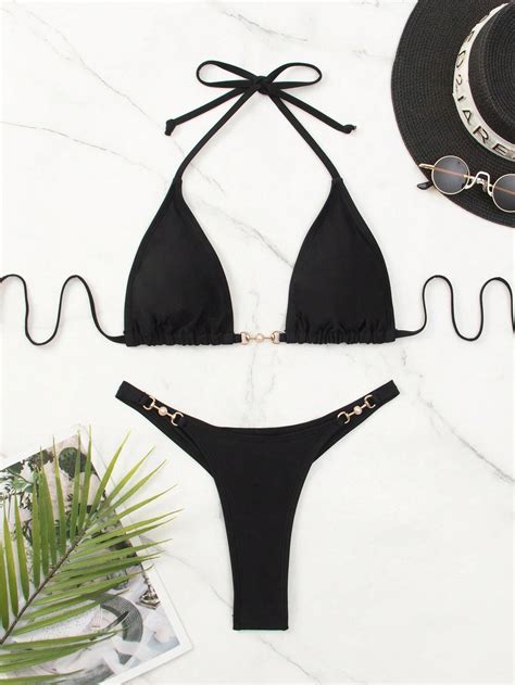 Shein Swim Summer Beach Chain Linked Halter Triangle Bikini Set Shein Usa