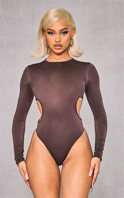 Chocolate Slinky Double Side Cut Out Bodysuit Prettylittlething Aus