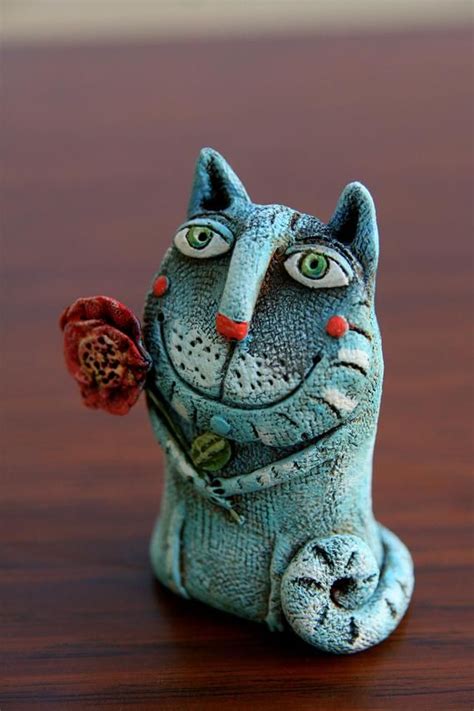 Whimsical Cat Sculpture Pottery Cat Cat Figurine Ceramic Etsy