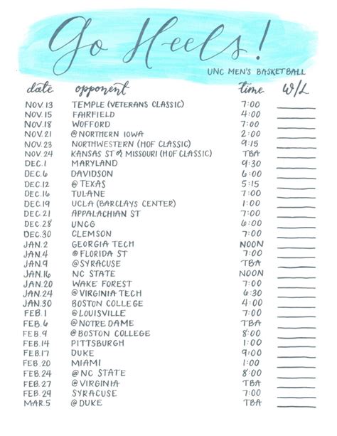 North Carolina Tar Heels Basketball Schedule Printable Printable Schedule