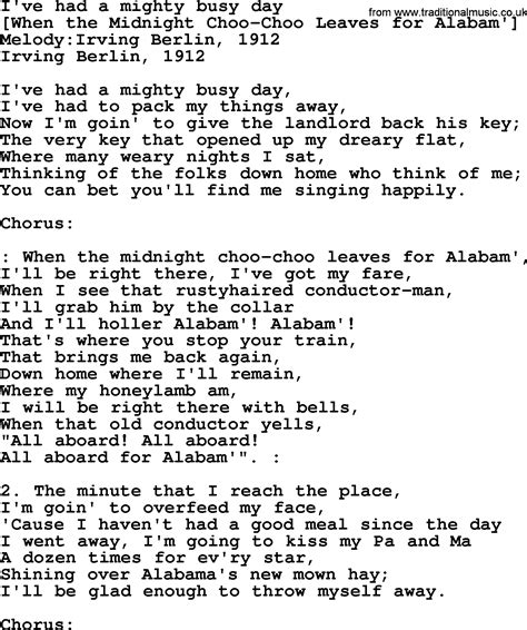 Old American Song - Lyrics for: I've Had A Mighty Busy Day, with PDF