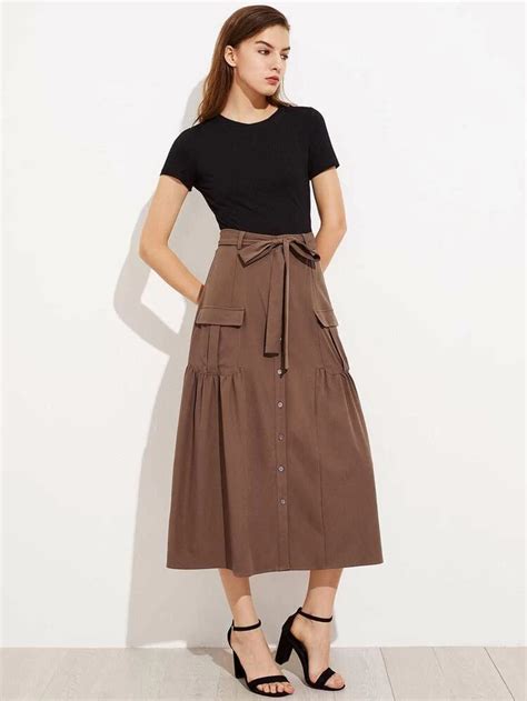 Shein Self Belt Flap Pocket Front Tiered Skirt Skirts Tier Skirt Fashion Clothes Women