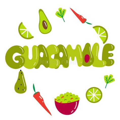 Big Inscription Guacamole With Ingredients For Guacamole Flat Vector