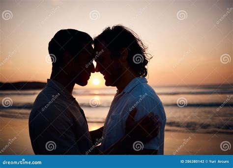 Sunset Embrace And Gay Men On Beach Silhouette And Love On Summer Vacation Together In