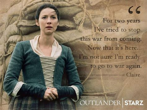 A Woman Standing In Front Of A Stone Wall With A Quote From Outlander Starz