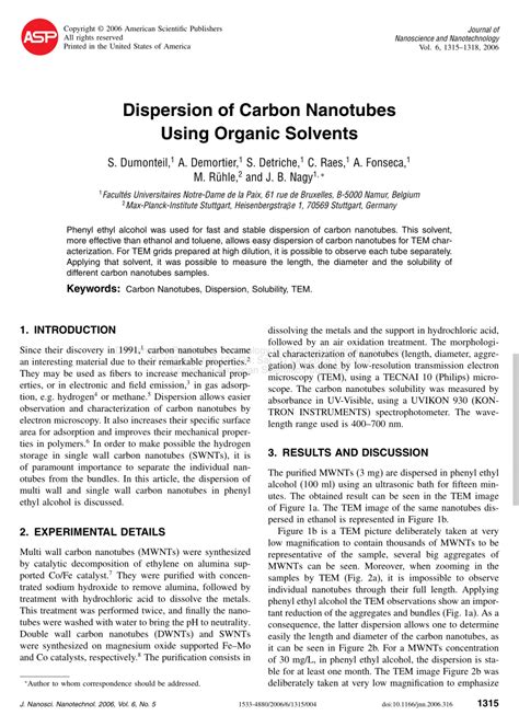 PDF Dispersion Of Carbon Nanotubes Using Organic Solvents