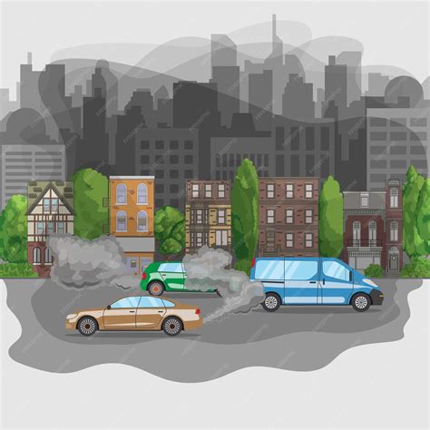 Ciudad Contaminada Por Humos De Escape De Automóviles Smog En La Ciudad Ilustración Vectorial