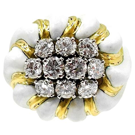 David Webb White Enamel And Diamond Ring In 18k Yellow Gold And