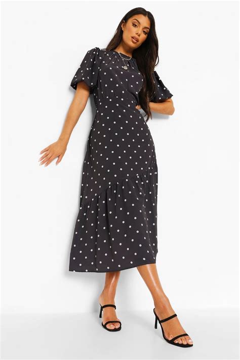 Polka Dot Puff Sleeve Midi Dress Boohoo Fr