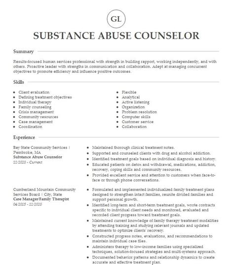 Substance Abuse Counselor Resume Example