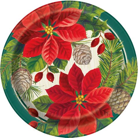 Red And Green Poinsettia Christmas Paper Dessert Plates 7in 8ct