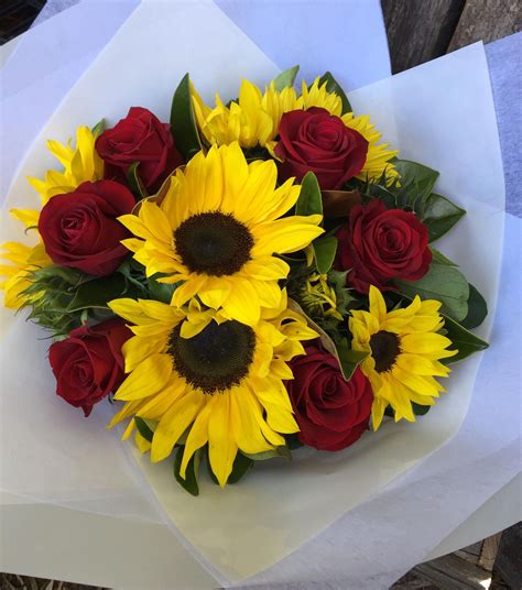 The Flower Manor Sunflowers And Red Rose Hand Held Bouquet Birthday