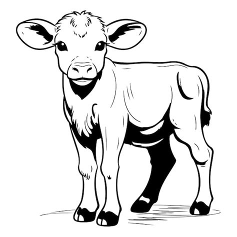 Black and white vector illustration of a young calf standing in profile ...