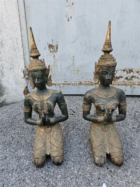 ANCIEN PAIRES DE Statuettes divinités Bouddha En Bronze Asiatique 52 Cm