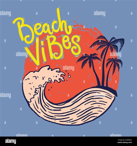 Beach Vibes Emblem Template With Sea Waves And Palms Design Element